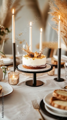 Elegant Dessert Table Setup With Cake and Candles for a Special Event Celebra...