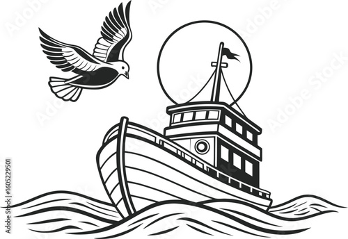 Vector art of a fishing boat sailing on wavy water with a bird flying overhead