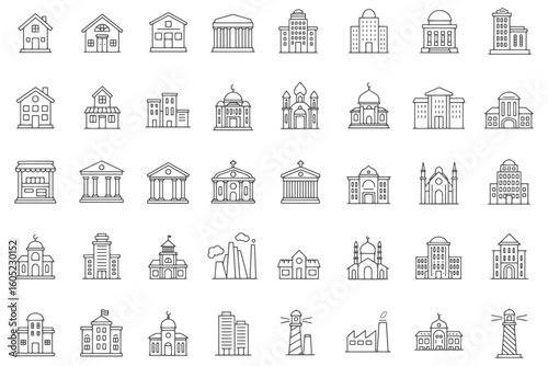 Vector art of a collection of diverse building with  various architectural styles and types of structures icon set.