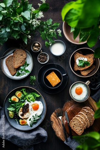 Breakfast Spread With Eggs, Bread, and Fresh Greens on a Rustic Wooden Table