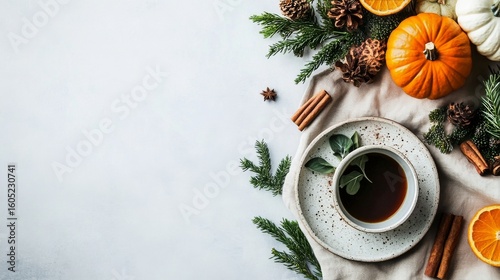 Warm Autumn Beverage With Seasonal Decorations and Spices on a Neutral Backgr...