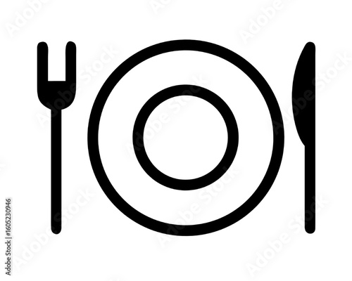 Minimal icon of a dining plate with fork and knife. Simple restaurant food symbol vector.