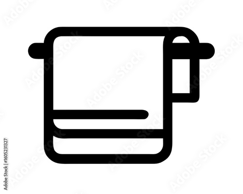 A minimalist line icon of a bath towel hanging on a wall-mounted holder or rack symbol.