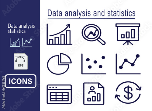 Data analysis and statistics icon set, minimalistic outline style, modern design, vector icons for reports and dashboards