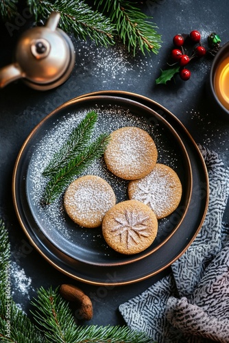 Festive Cookies on a Black Plate Surrounded by Holiday Decorations in Winter ...