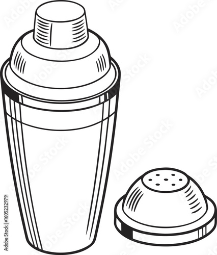 Vector art of a cocktail shaker and its cap, isolated on a white background