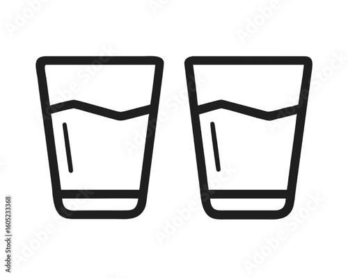 Minimalist Illustration Two Drinking Glasses of Water, Clean Line Art, White Background