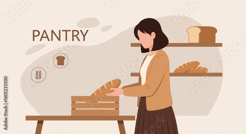 Woman Organizing Fresh Bread In Pantry At Home Vector Illustration