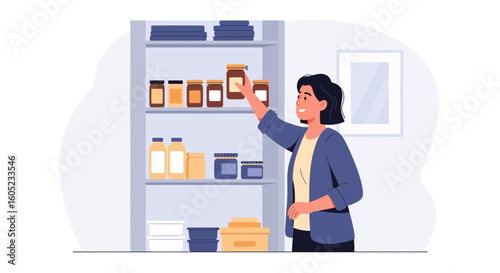 Woman Organizing Food Supplies in Pantry Shelves for Family Storage