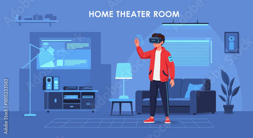 Young Man Immersed In Virtual Reality Experience At The Home Theater Room