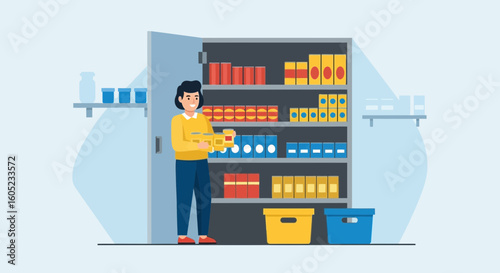 Woman Organizing Storage Cabinet With Food And Supplies In Pantry
