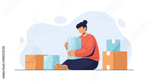 Woman Packing Items Inside Cardboard Boxes For Relocation Preparation Process