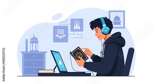 Young Man Learning Quran Online Using Laptop in Ramadan Kareem Time