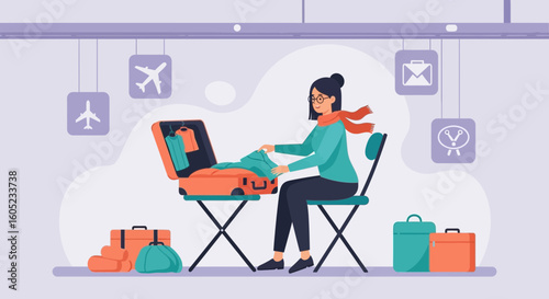 Woman Packs Travel Suitcase For Summer Holiday Trip Preparation Illustration
