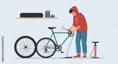 Young Man Maintaining His Bicycle At Home Indoor Workshop Illustration