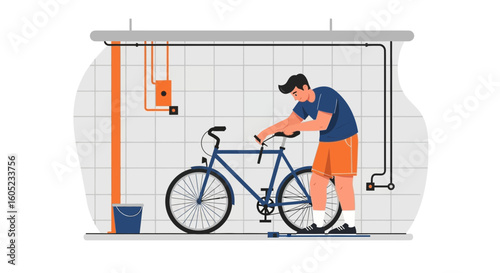 Young Man Maintaining His Bicycle In The Garage At Home Alone