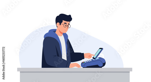 Young Man Makes a Mobile Payment Using his Phone at Store Terminal