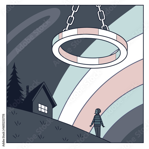 Surreal scene with person gazing at a light ring above a house  