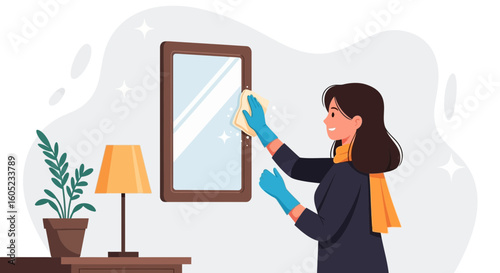 Woman Performs Housekeeping Duties By Cleaning Mirror With A Cloth