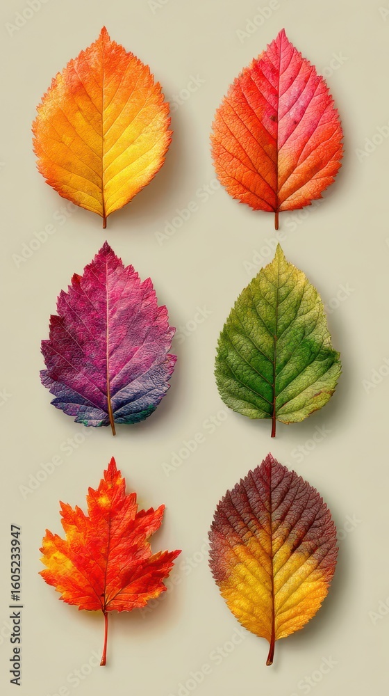 Obraz premium Colorful autumn leaves displayed in a neat arrangement showcasing seasonal transitions in nature's palette