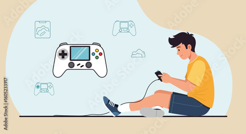 Young Man Playing Mobile Game with Controller and Enjoying His Hobby