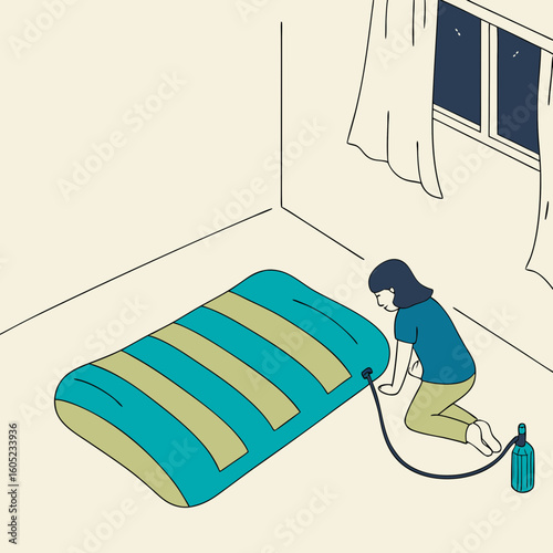 Woman inflating an inflatable mattress in a cozy indoor room  