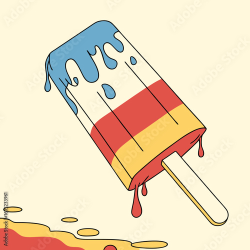 Colorful ice lolly melting on pastel background with drips  