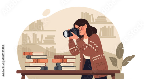 Woman Photographer Taking Pictures Of Books In Home Library Environment