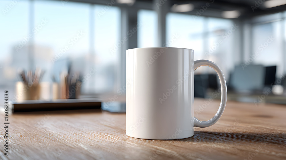 Office Desk Coffee Mug: A pristine white coffee mug sits gracefully on a polished wooden desk in a bright, modern office setting. Office Desk Coffee Mug: A pristine white coffee mug sits gracefully on a polished wooden desk in a bright, modern office setting.