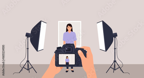 Woman Portrait Capture In Photography Studio With Softbox Light Equipments