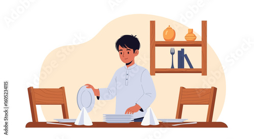 Young Man Setting the Dinner Table At Home for a Meal Event