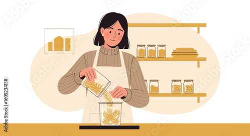 Woman Pouring Pasta Into Jar In Well Stocked Kitchen Pantry Illustration