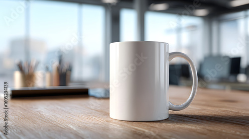 Office Desk Coffee Mug: A pristine white coffee mug sits gracefully on a polished wooden desk in a bright, modern office setting.