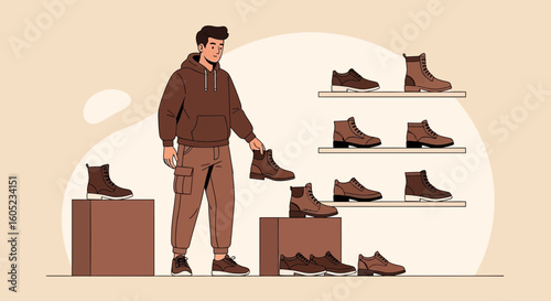 Young Man Shops For New Stylish Boots In Modern Fashionable Store