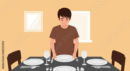 Young Man Setting The Table For Dinner Party At Home In The Evening