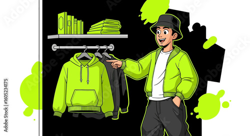 Young Man Stylishly Choosing Trendy Outfit From Clothing Rack in Modern Wardrobe