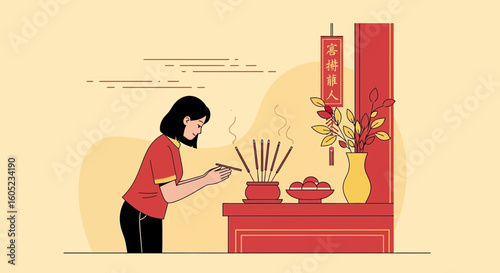 Woman Praying With Incense Sticks On Lunar New Year Ceremony