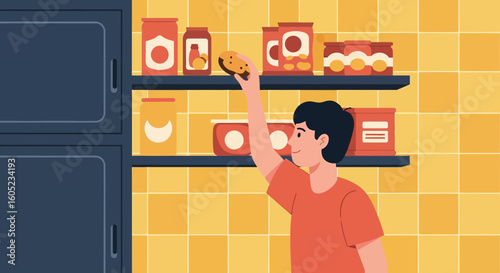 Young Man Taking Food from Pantry Shelf In Well Organized Kitchen