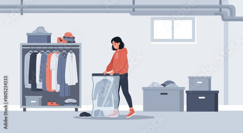 Woman Prepares Clothes For Storage Decluttering Seasonally To Organize Closet