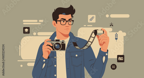 Young Man with Retro Camera Examines a Photographic Film Strip on Background