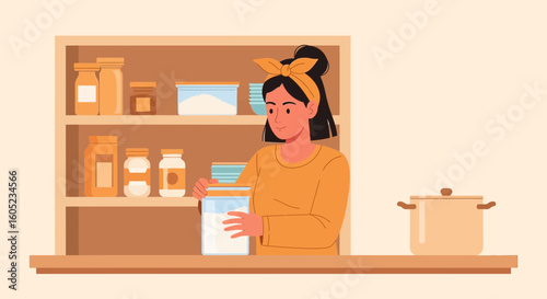 Woman Prepares Food In A Well Stocked Kitchen Or Pantry At Home