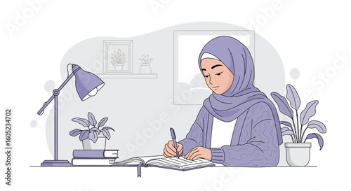 Young Muslim Woman Writing in Her Planner At a Desk At Home