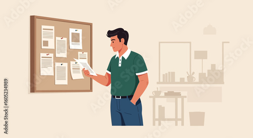 Young Professional Reviewing Information Posted On Bulletin Board At The Office