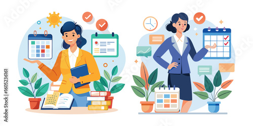 Efficient Businesswoman Managing Calendar and Appointments with Planner and Laptop – Professional Time Management Concept Vector Illustration on White Background