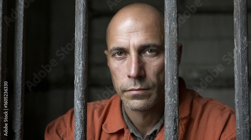 closeup portrait of a criminal in prison behind bars