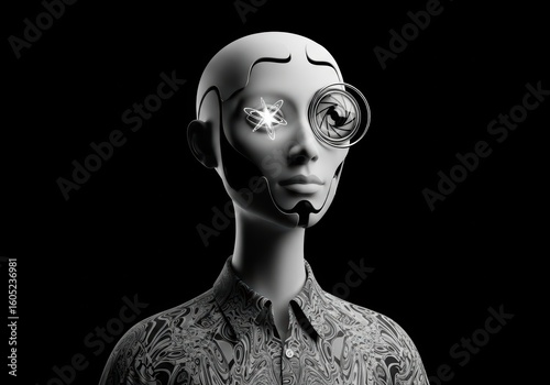 Futuristic robot with intricate design and digitized eye in black background