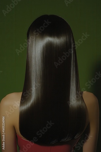 Gleaming strands against a canvas of Olive, girls smooth hair cascades down her back in a study of textures