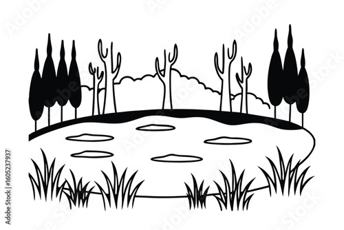 Background Of Misty Swamp With Trees And Fog