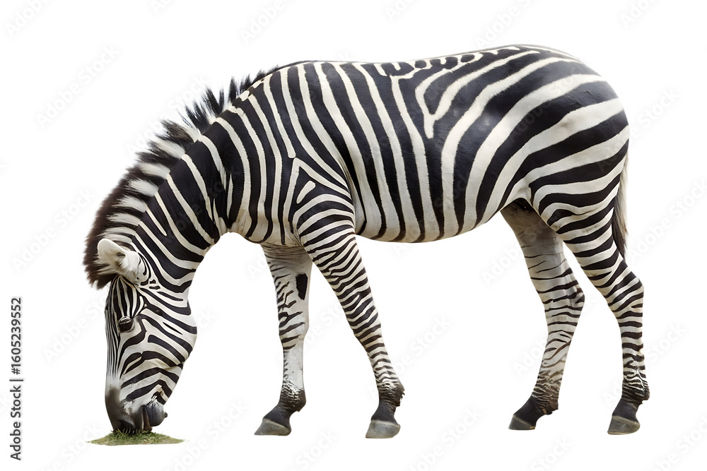 Fototapeta premium cutout of an isolated zebra grazing grass isolated on white background, png, ai generated.