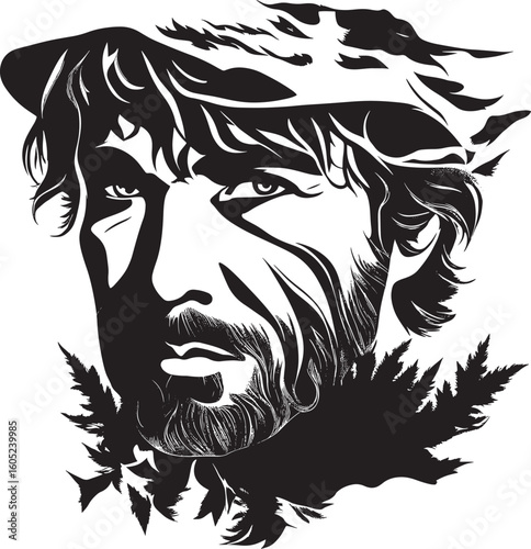 Intriguing Black and White Portrait of a Man with Intricate Details
